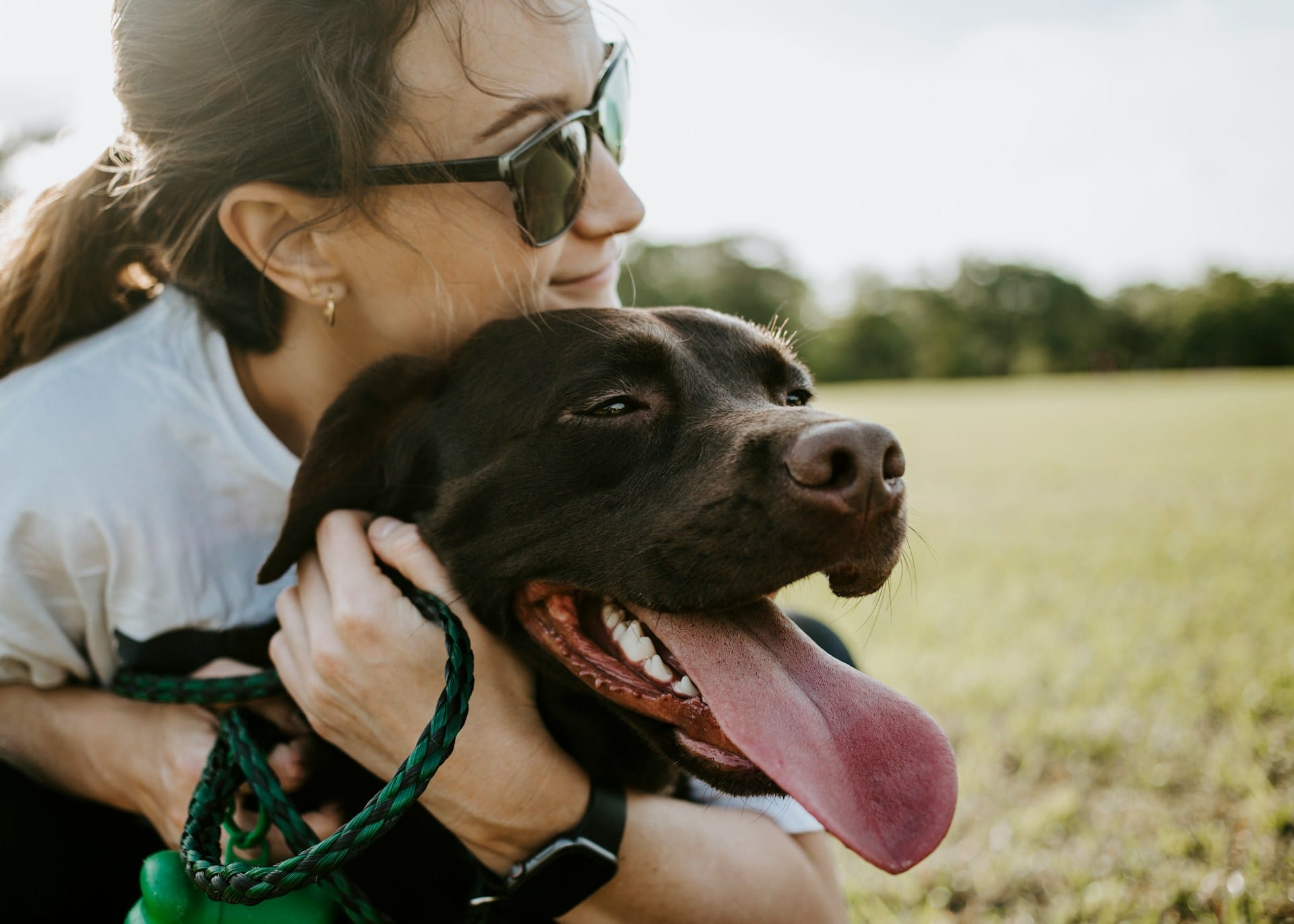 Uśmiechnięta kobieta w okularach przeciwsłonecznych czule przytula ciemnobrązowego labradora, który ma radośnie otwarty pysk i wywieszony język. Zdjęcie zrobione jest w słoneczny dzień na tle zielonej trawy.